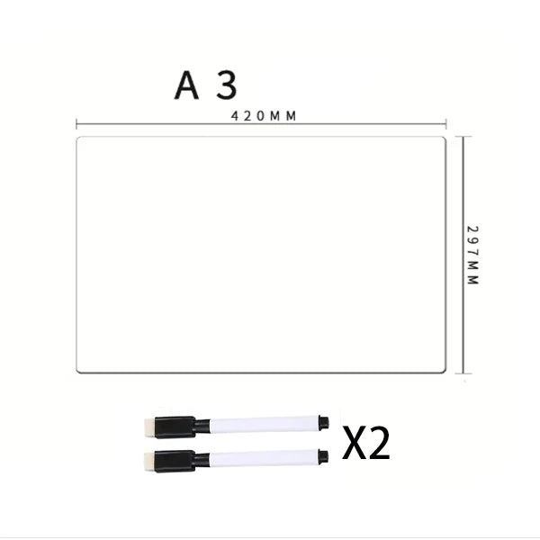 A3 size flexible magnetic dry erase board with a 420mm x 297mm dimension and two included magnetic strips.