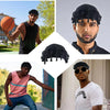 A collage showing a man wearing a black head wrap, a close-up of the head wrap, and another man modeling the product.