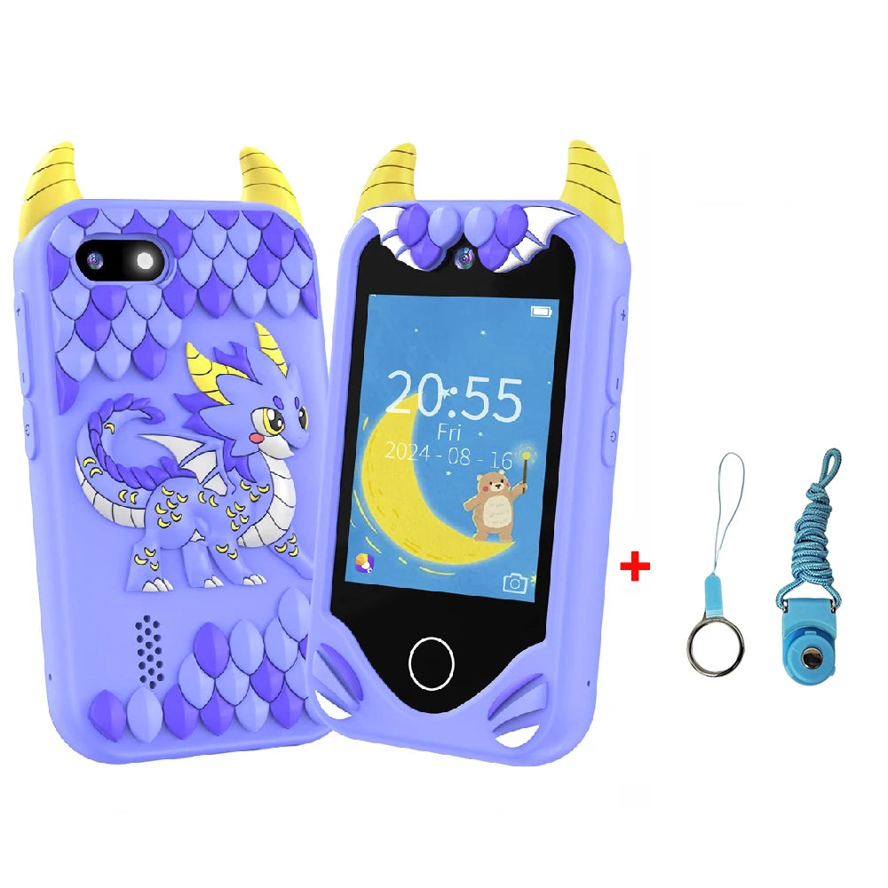 A purple kids smart phone toy with dual cameras and learning features, shown next to a charging cable.