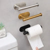 A collection of bathroom hardware including a stainless steel and a brass toilet paper holder mounted on a wall.