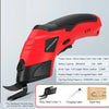 Red and black cordless electric scissors for cutting fabric, leather, carpet, and cardboard with a 2.5mm blade