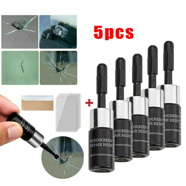 Un kit de réparation de pare-brise pour fissures, montrant les outils et divers types de fissures.