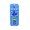 A blue silicone remote control teether with various buttons including power, volume, and navigation controls.