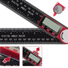 A digital angle ruler in red and black showing a measurement scale and a display screen.