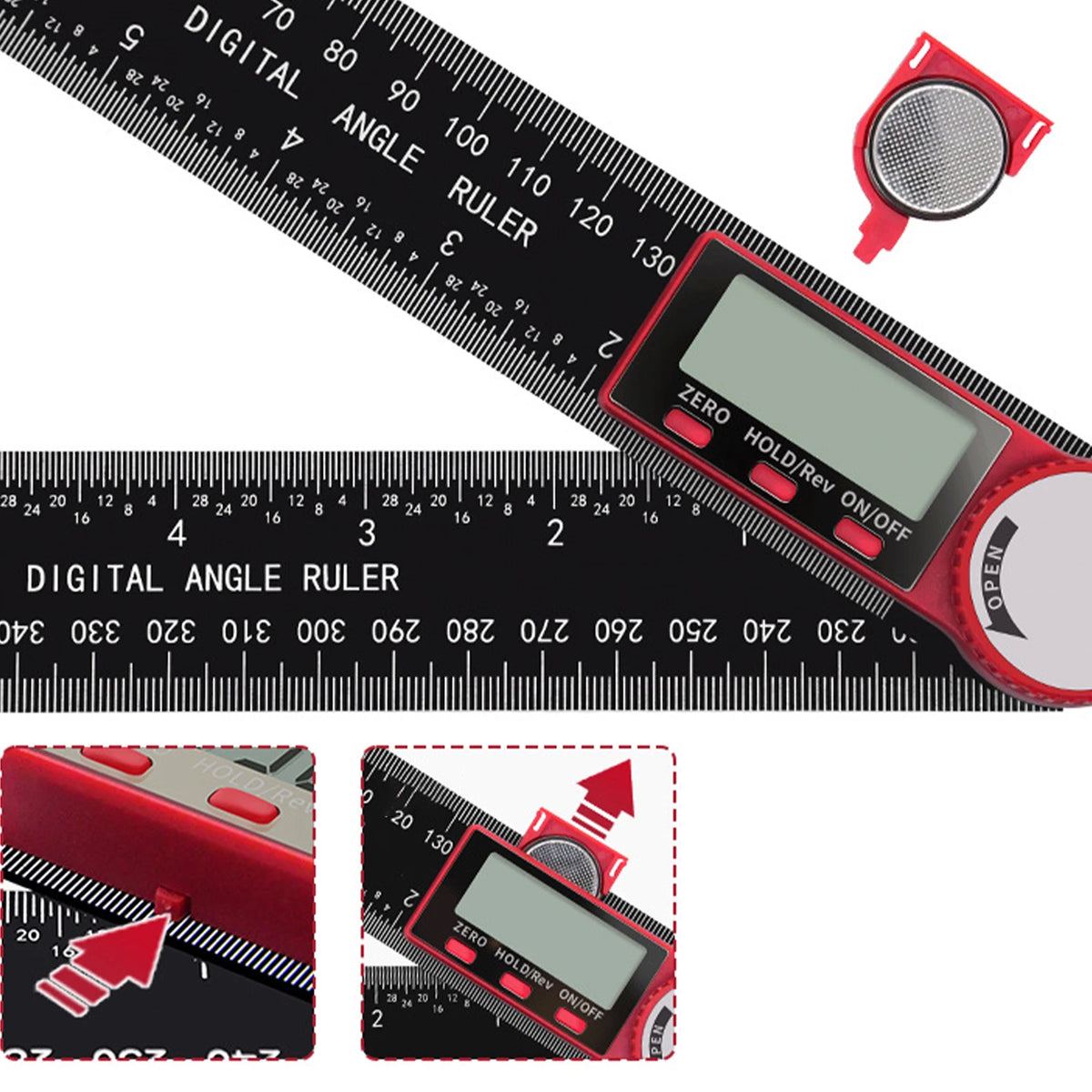 A digital angle ruler in red and black showing a measurement scale and a display screen.