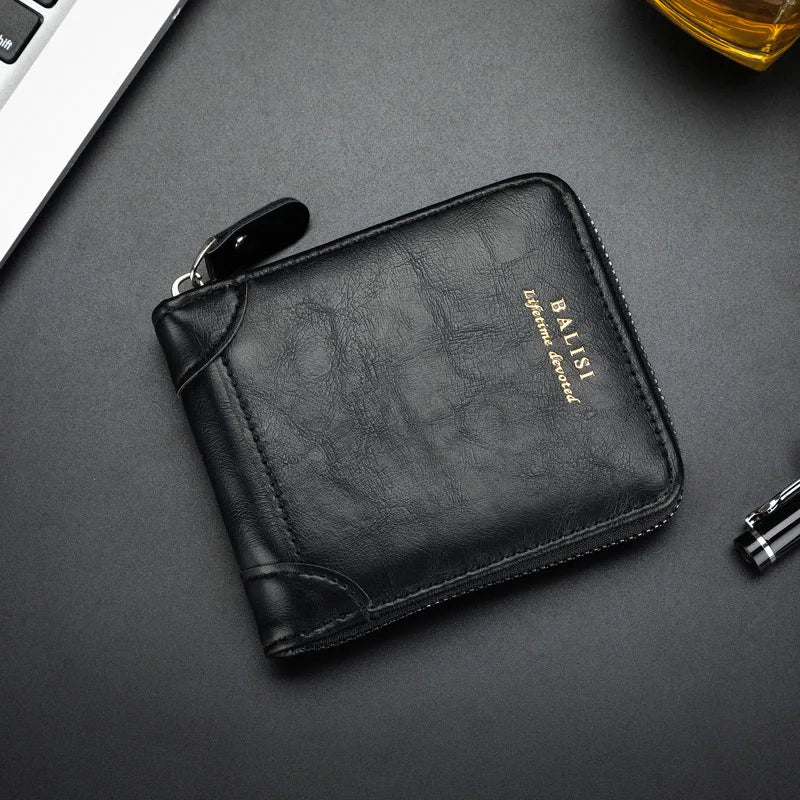 Men's Retro PU Leather Bifold Wallet with Zipper and Coin Pocket
