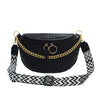 Black woven pattern waist bag with gold chain strap and buckle