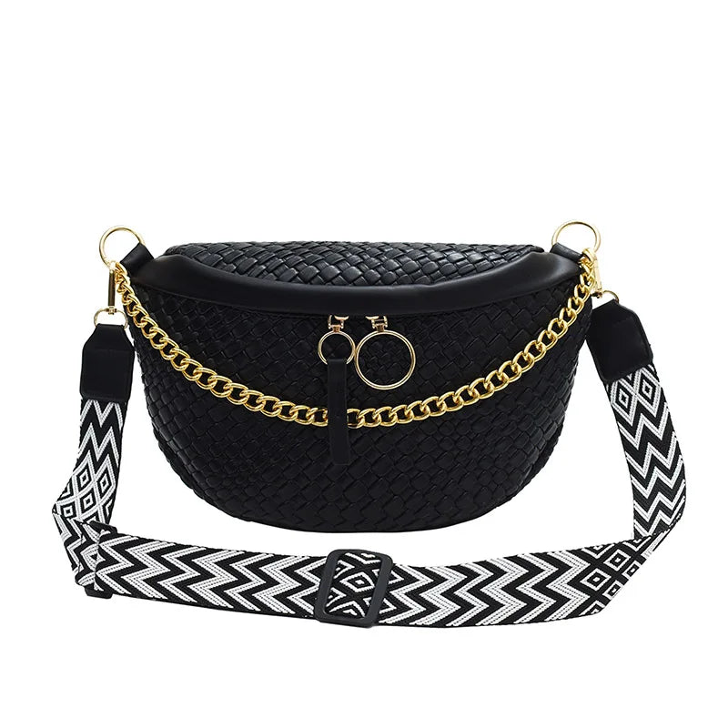 Black woven pattern waist bag with gold chain strap and buckle