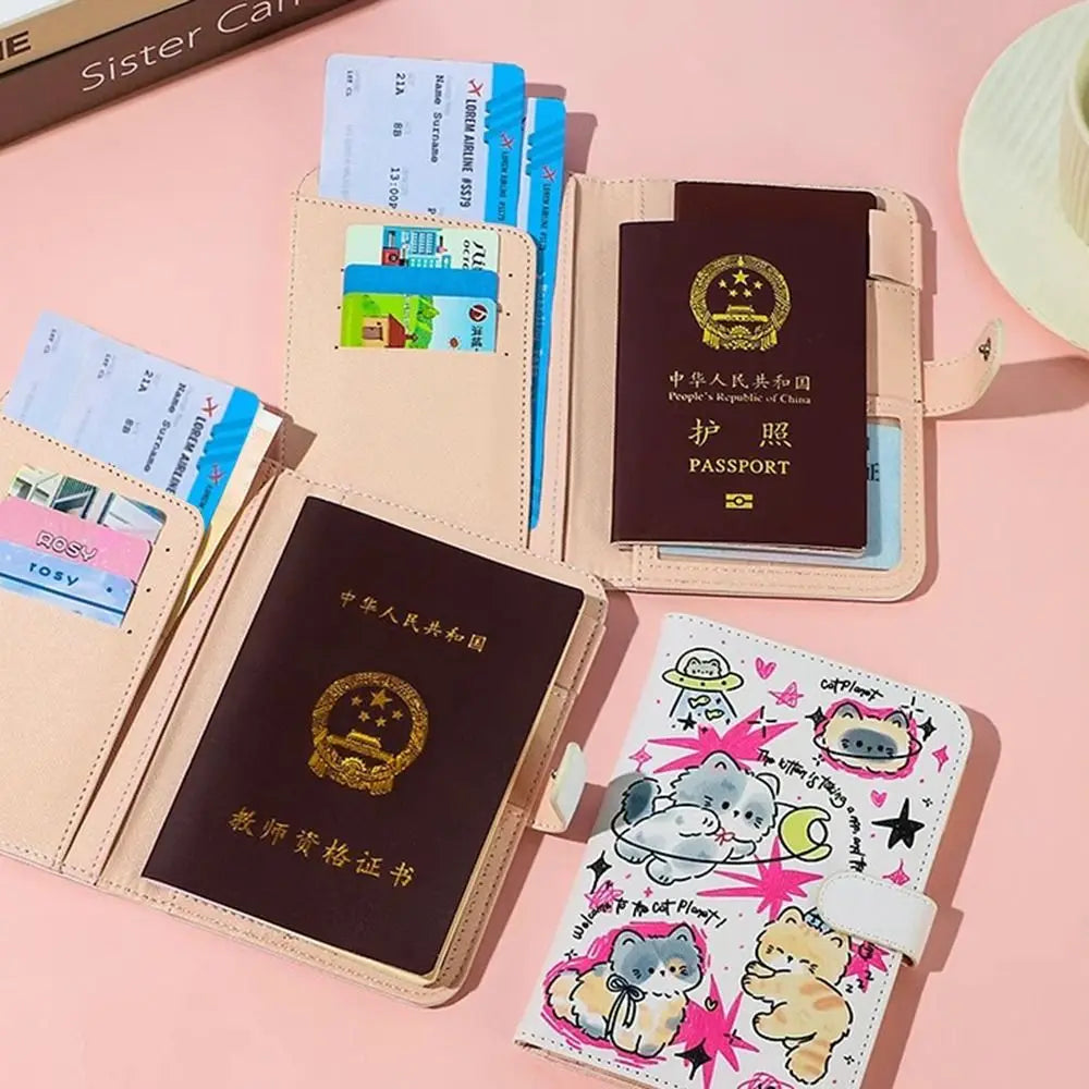 A collection of pink and brown pu leather passport holders and travel wallets featuring cartoon designs and Chinese passport 