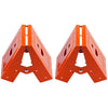 Two orange heavy-duty steel workbench brackets for supporting wood tops.