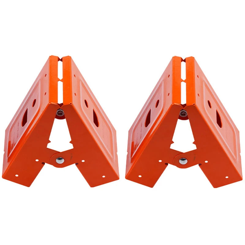Two orange heavy-duty steel workbench brackets for supporting wood tops.