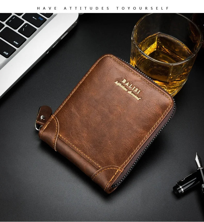 Men's Retro PU Leather Bifold Wallet with Zipper and Coin Pocket