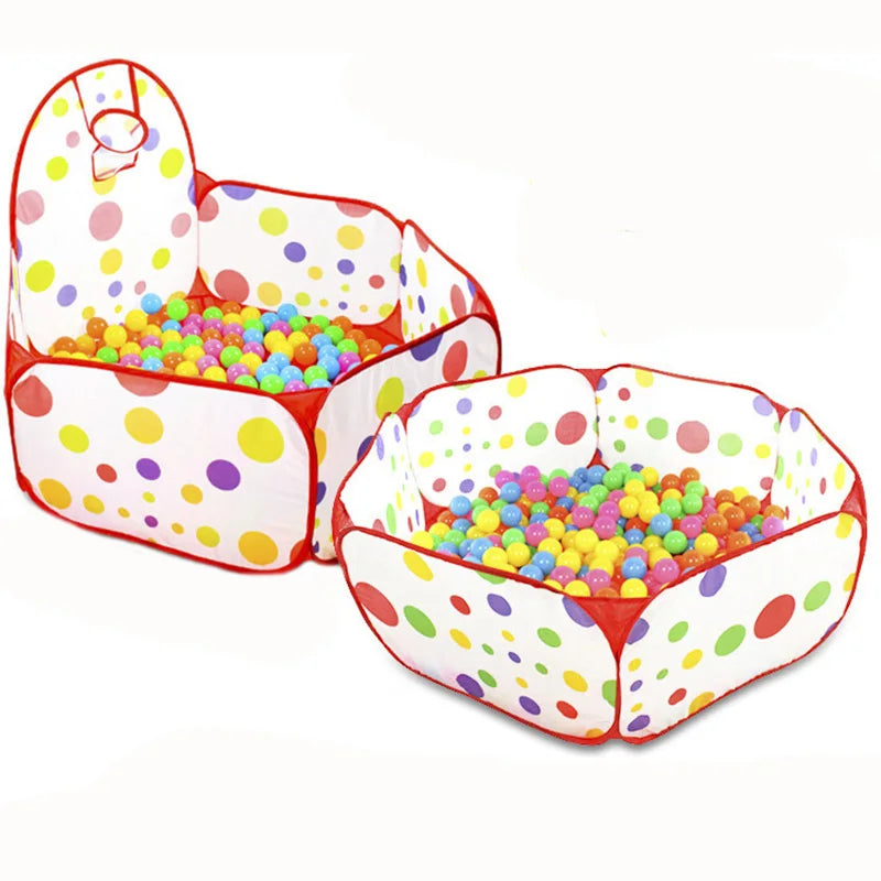 A colorful foldable kids play tent with a ball pool pit for children's outdoor play.