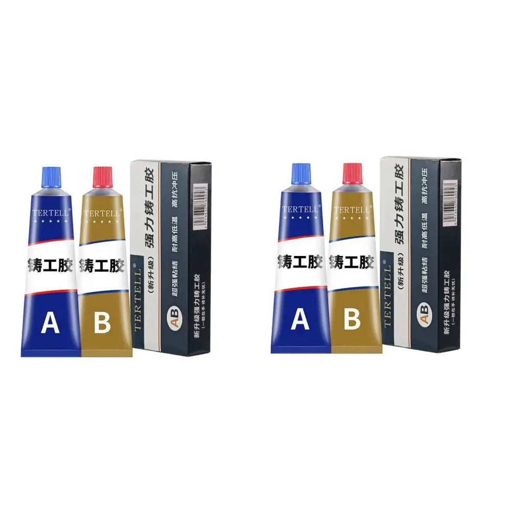A set of three bottles and two boxes of high-strength heat-resistant AB metal repair adhesive labeled for different grades.