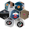 A hexagonal display showing various Texas shape flag decals for cars, trucks, and outdoor use.