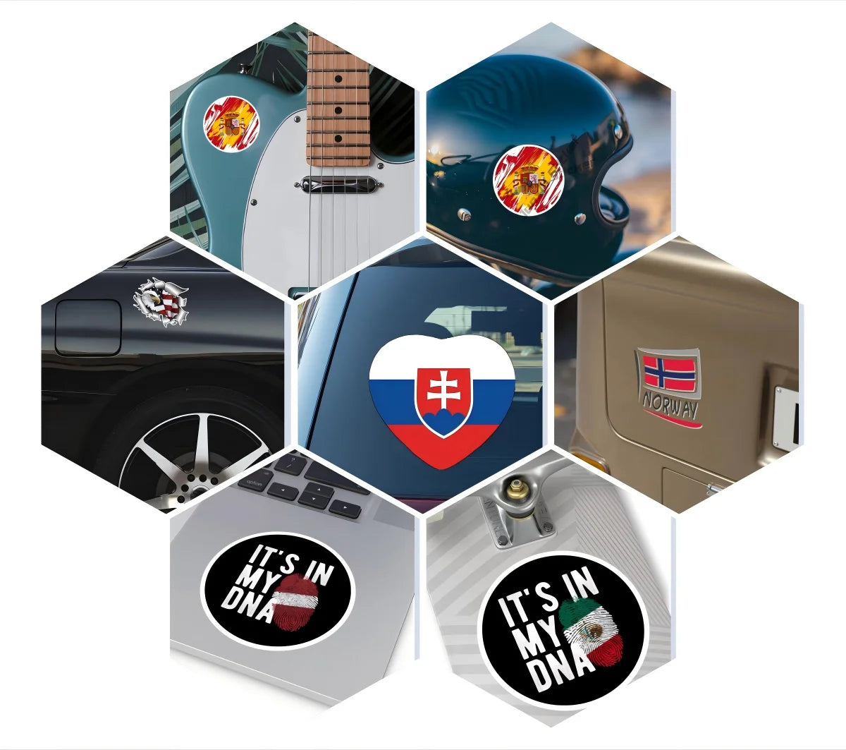 A hexagonal display showing various Texas shape flag decals for cars, trucks, and outdoor use.