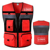 A red high-visibility safety vest with black mesh panels and reflective strips and pockets.
