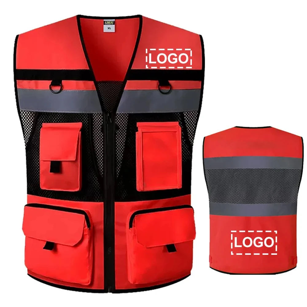 A red high-visibility safety vest with black mesh panels and reflective strips and pockets.