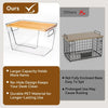 A clear plastic pantry storage bin with a bamboo lid shown next to a black wire mesh crate.