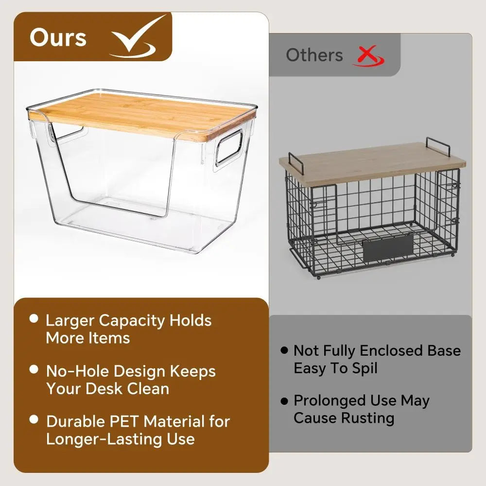 A clear plastic pantry storage bin with a bamboo lid shown next to a black wire mesh crate.