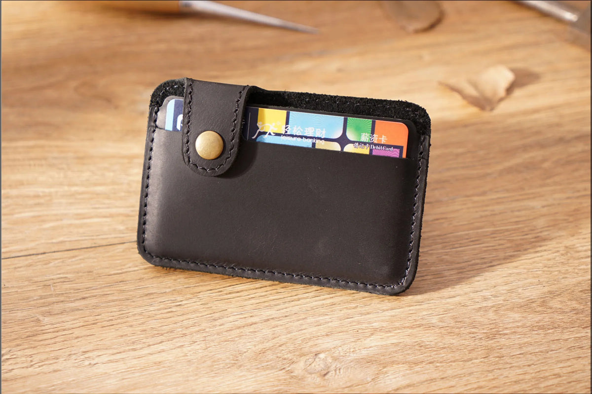 Vintage Leather Slim Card Holder with Snap Closure