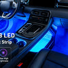 Car interior lighting featuring a 4-piece LED light strip illuminating the dashboard and console.