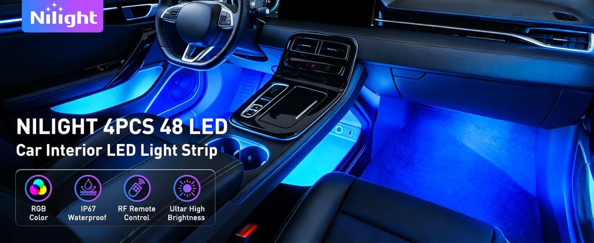 Car interior lighting featuring a 4-piece LED light strip illuminating the dashboard and console.