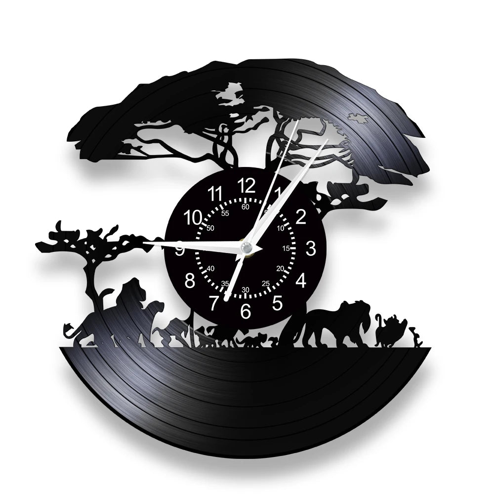 African Safari Cartoon Lion Vinyl Record Wall Clock – Silent Non-Ticking, 12-Inch Decor for Kids' Rooms and Playrooms