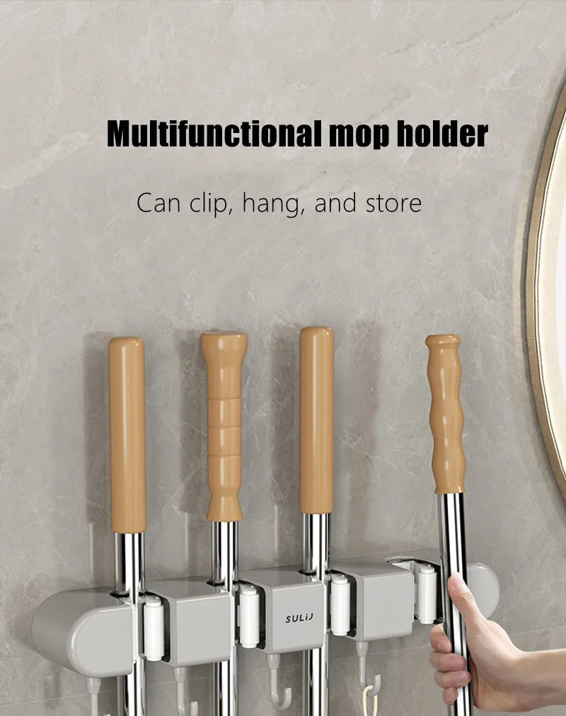 Wall-Mounted Mop and Broom Holder with Adhesive Mount
