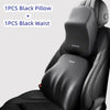 A black memory foam car headrest and lumbar support pillow are shown with a separate black waist piece.