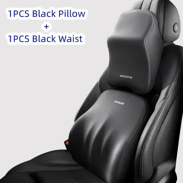 A black memory foam car headrest and lumbar support pillow are shown with a separate black waist piece.