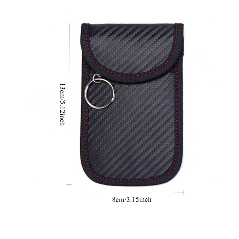 Black fabric RFID blocking Faraday bag designed to protect car keys and phones