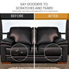 Before and after comparison showing leather repair tape restoring damaged leather to its original beauty on a sofa.