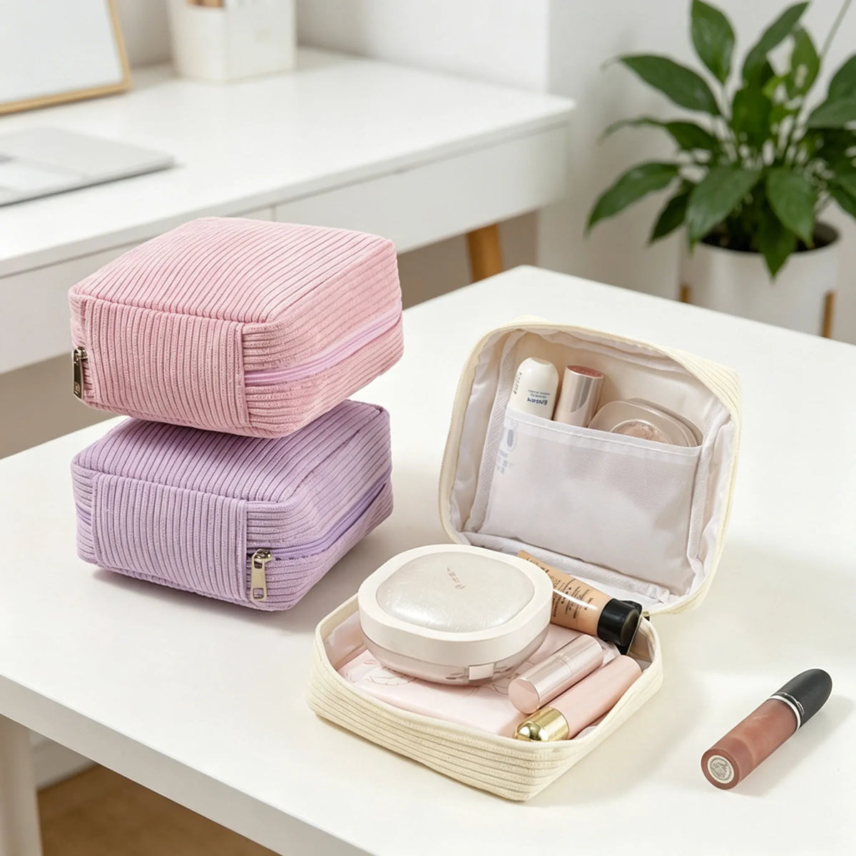 A pink and purple storage pouch for sanitary napkins and cosmetics is displayed on a white table.