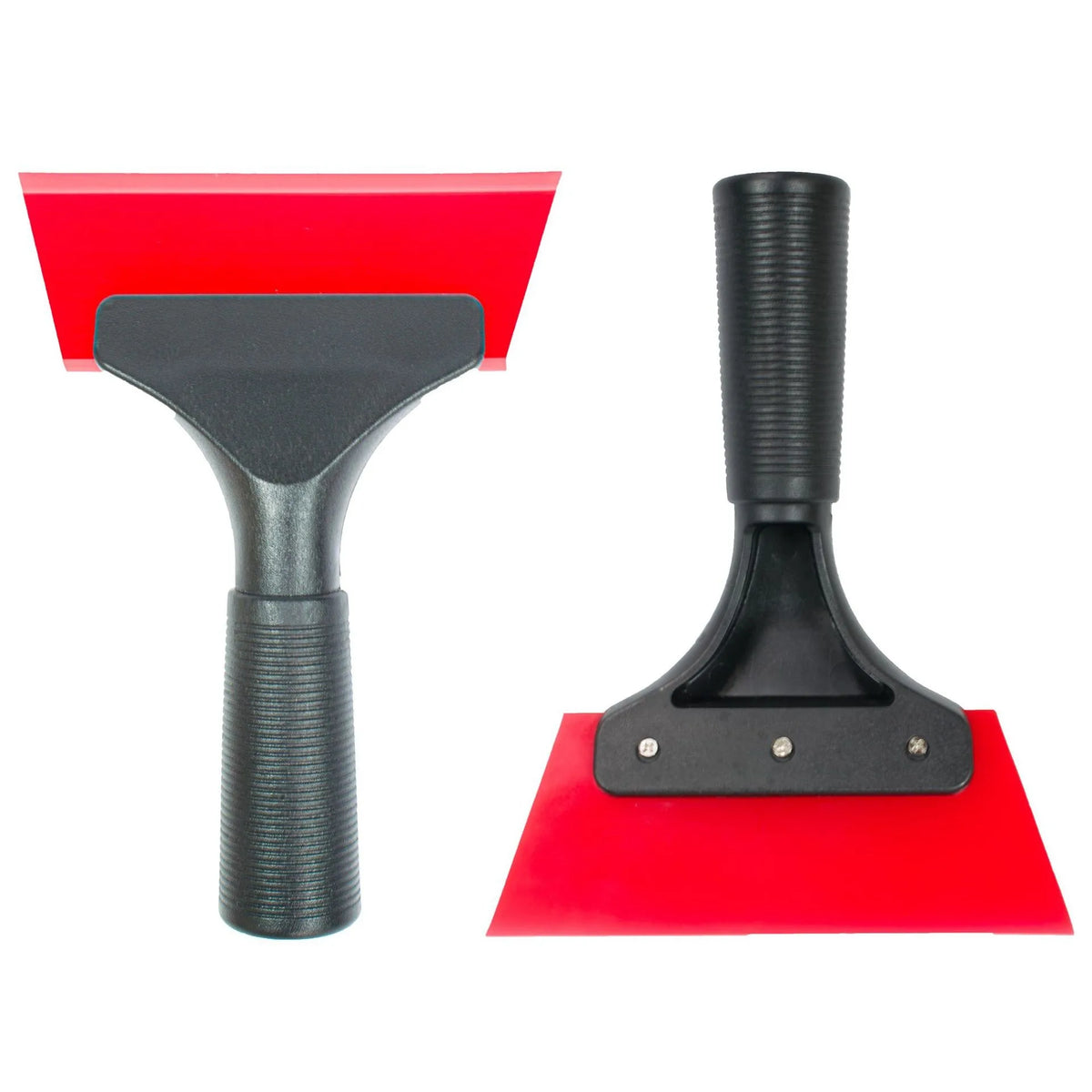 A black handle and red blade for a car windshield ice scraper and squeegee.