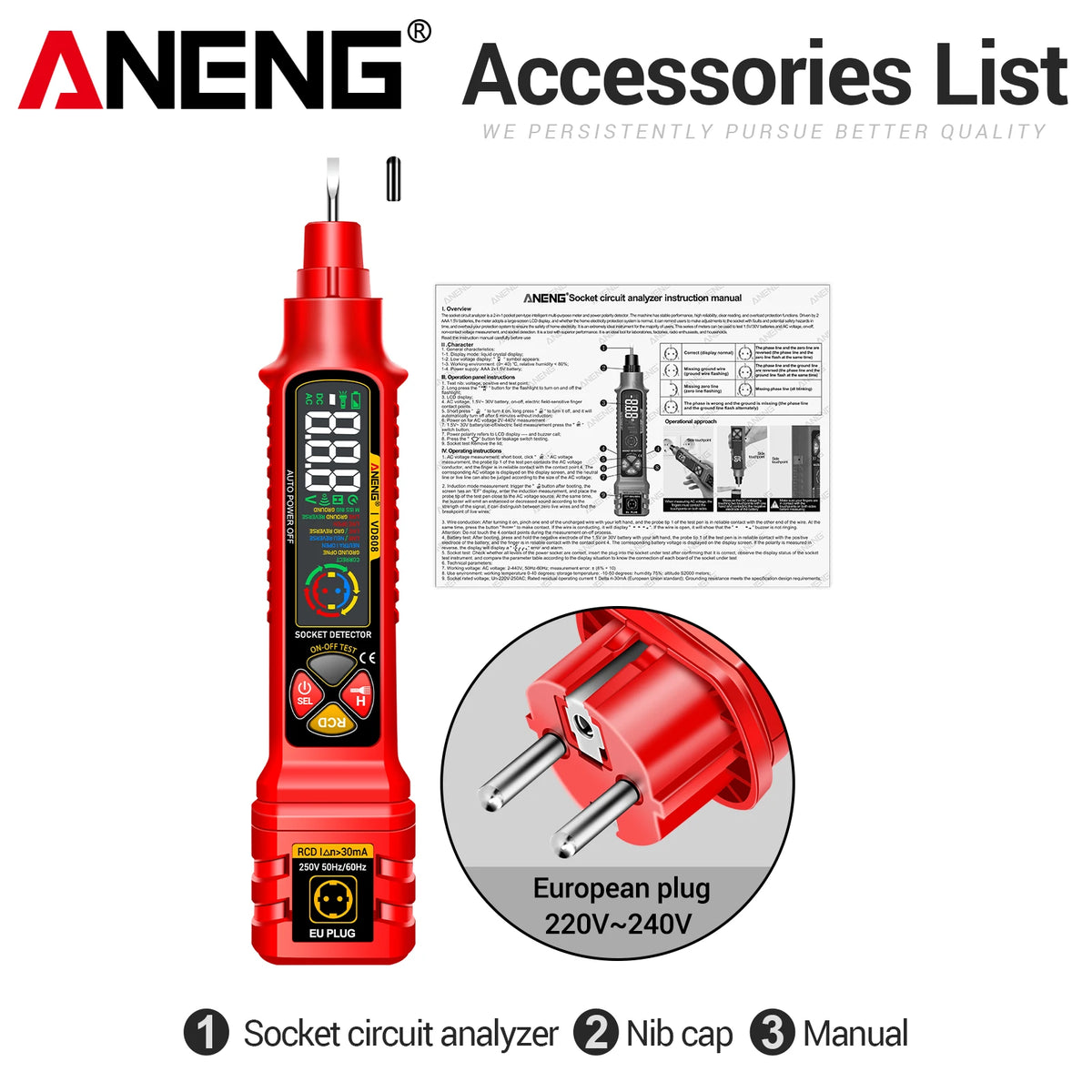 Socket Tester with AC/DC Voltage Detection and Polarity Check