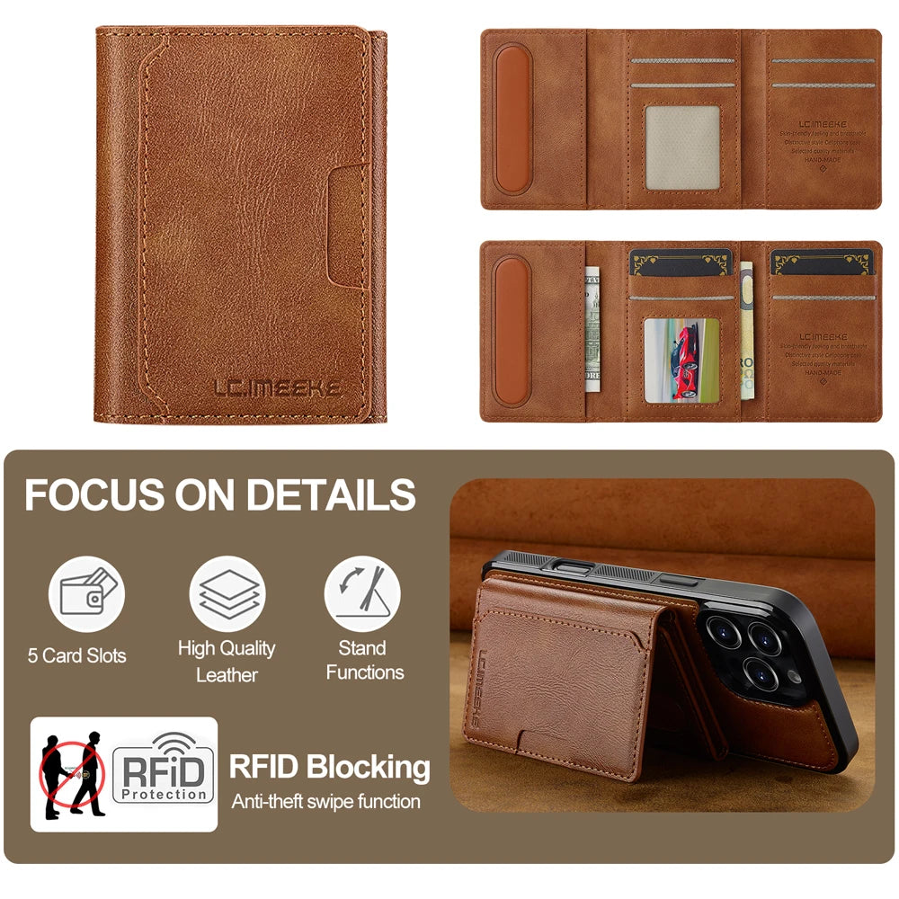 A brown leather magnetic wallet phone case featuring card slots and RFID blocking protection.