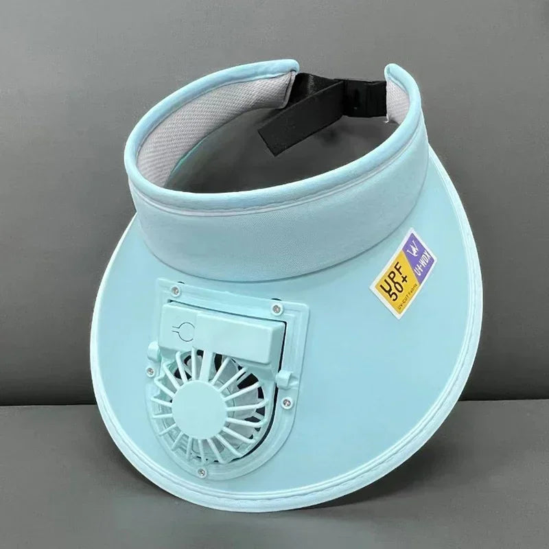 Light blue cooling fan hat with a black strap and a visible fan grille.
