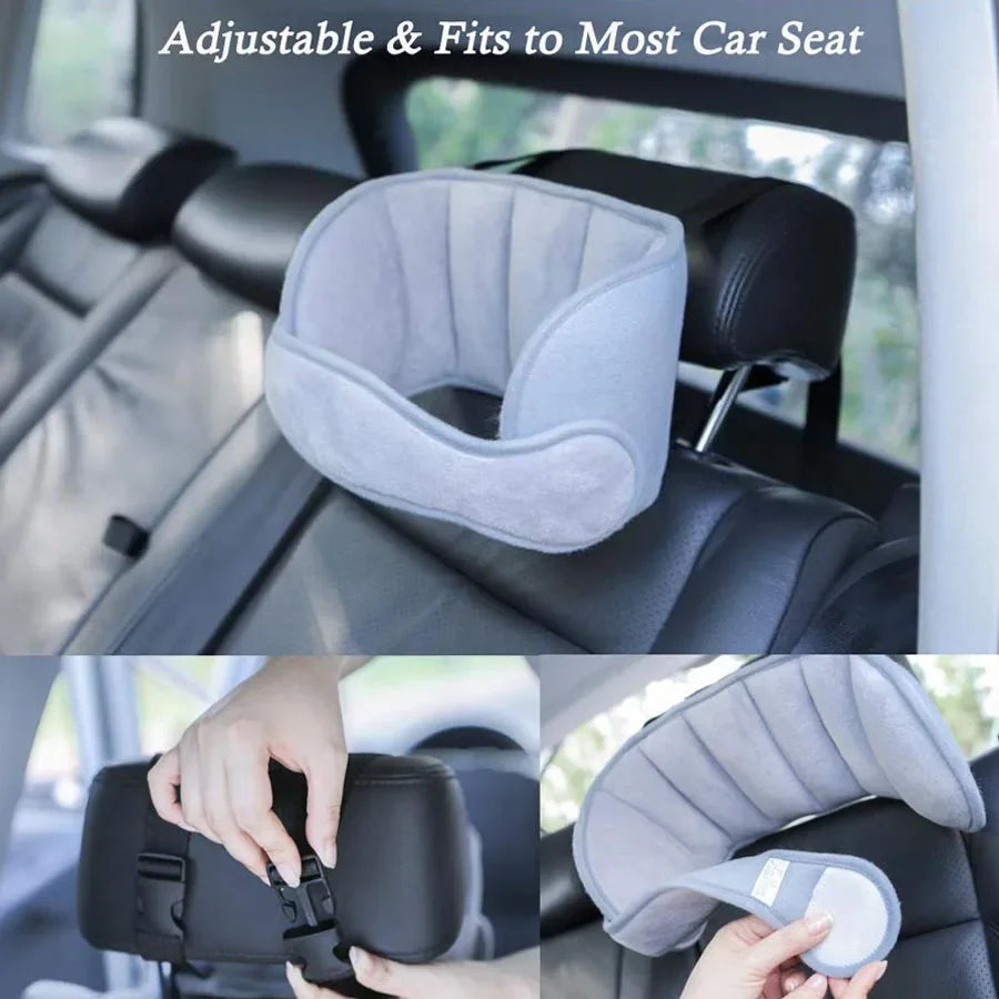 Adjustable car seat head support strap shown being fitted onto a child's car seat.