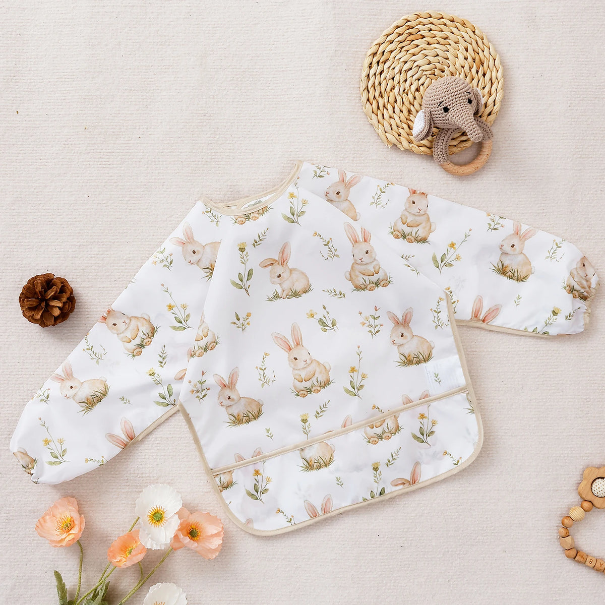 Waterproof Long-Sleeve Baby Bib with Catch-All Pocket