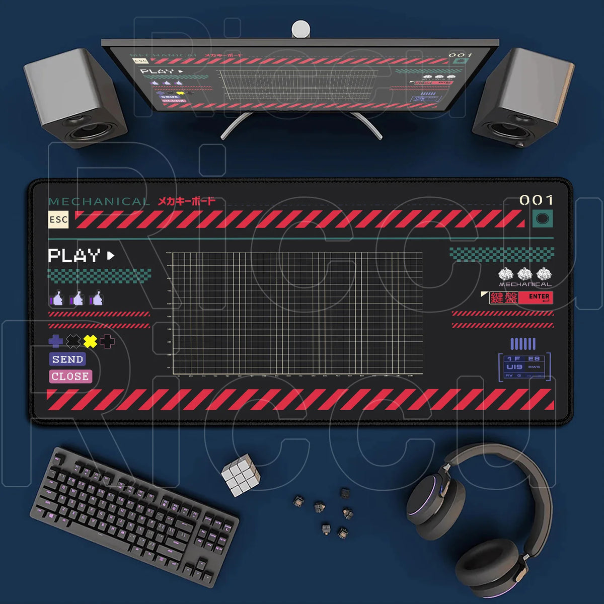 A set of mechanical keyboard components and a large mouse pad with a display showing gameplay graphics.