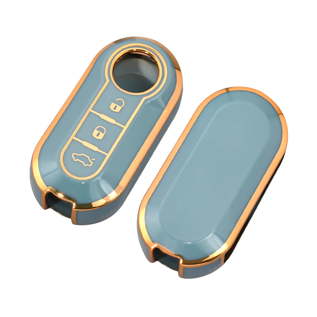 A light blue leather key case with gold accents, shown from above and the side.