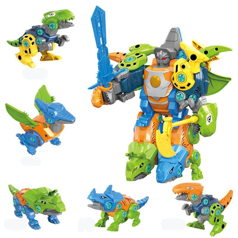 Ein Set aus fünf sich verändernden Dinosaurierrobotern in verschiedenen Farben und Formen.