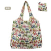 A reusable nylon shopping tote bag filled with various colorful bicycle-themed fabric patches.