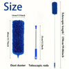A blue electric duster with a flexible microfiber head and telescopic rods shown next to its dimensions.