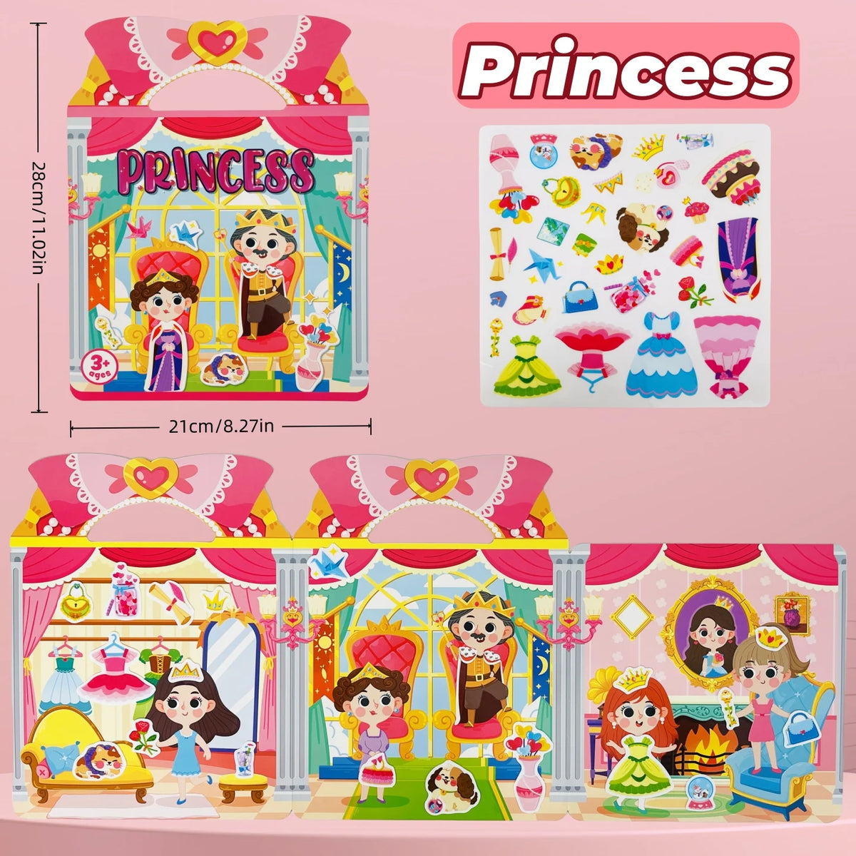A colorful reusable sticker book for toddlers featuring a princess theme with various stickers and decorative elements.