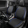 A full set of black leather car seat covers installed in a vehicle interior.