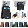 A variety of magnetic leather wallet cases for iPhone, shown in different colors and angles.