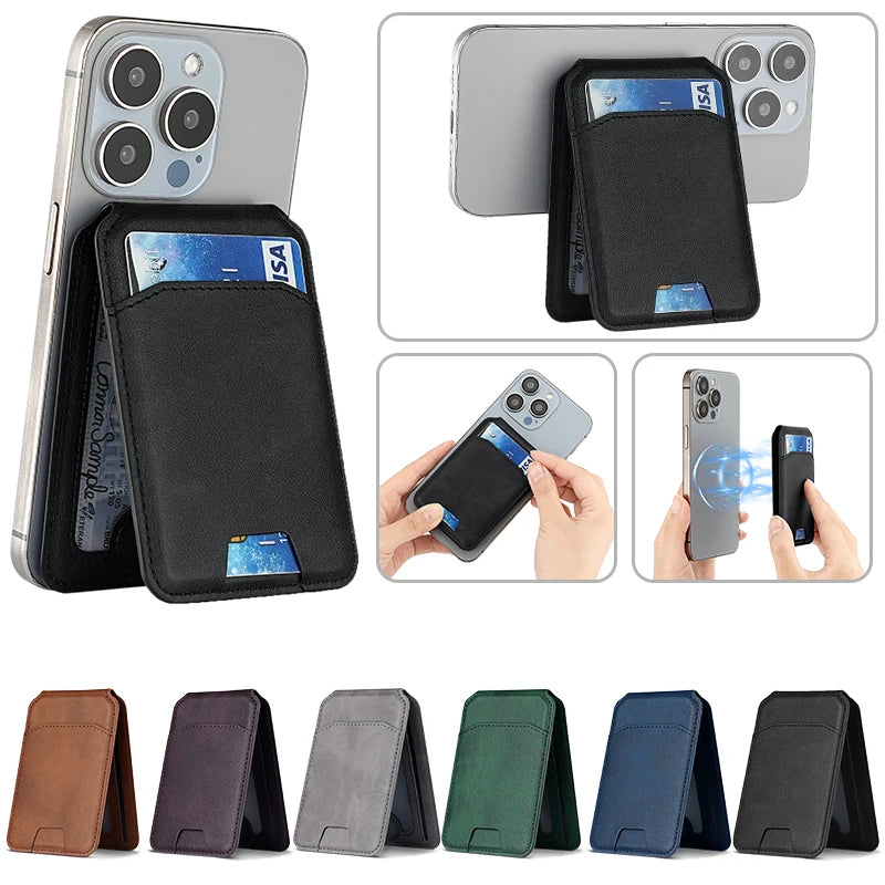 A variety of magnetic leather wallet cases for iPhone, shown in different colors and angles.