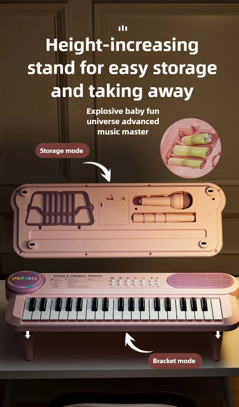 A pink electronic piano with a microphone is shown in two modes: storage and bracket.